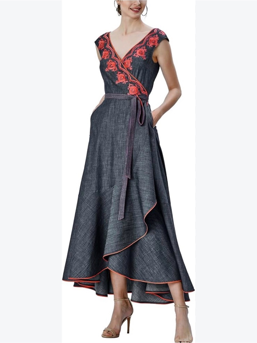 Wayward Fancies by eShakti Chambray Embroidered Midi Chambray Wrap Dress S/M